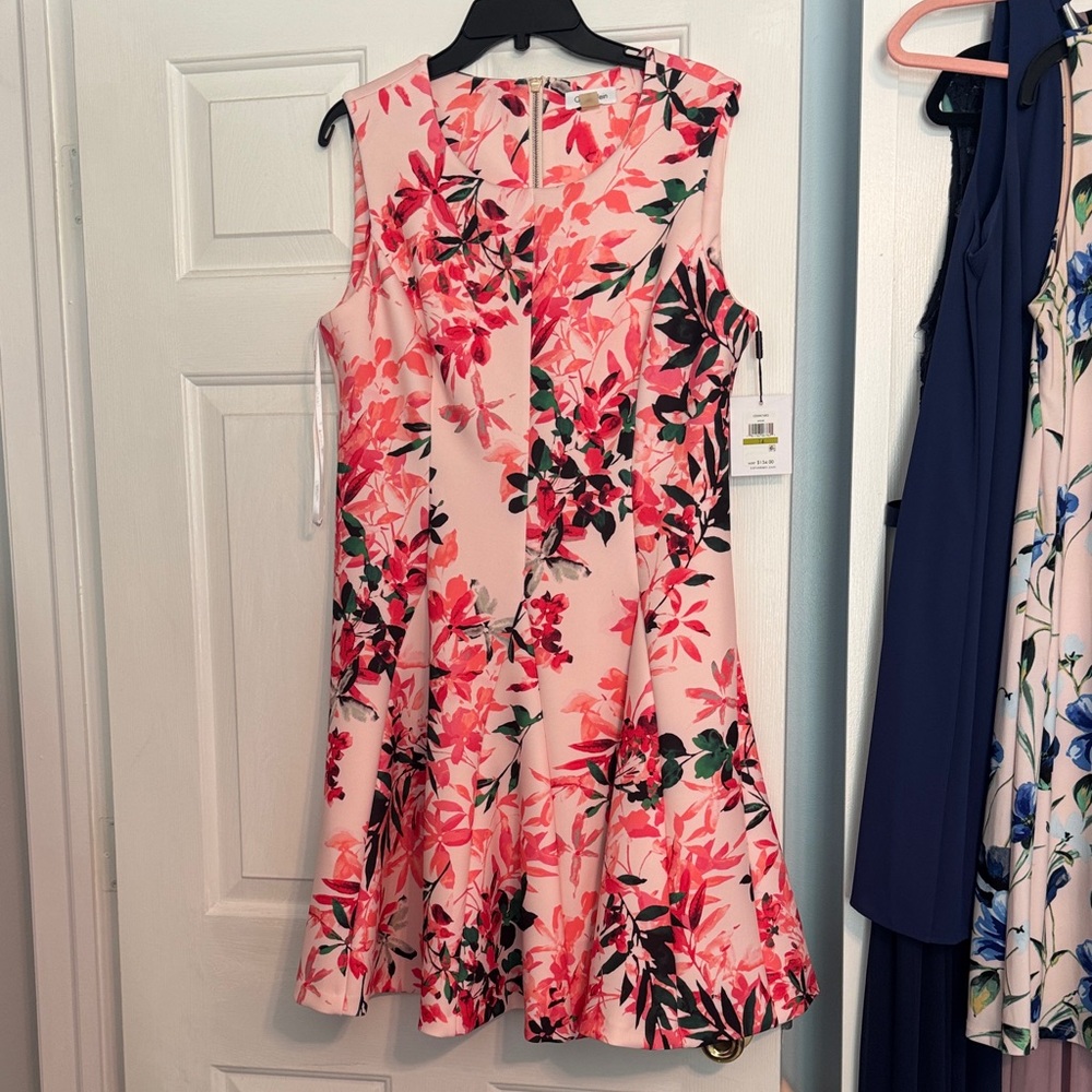 Calvin Klein Pink and Black Floral Midi Dress